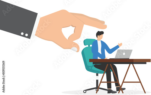 Big hand giving flick on the businessman to push him out-Getting fired concept

