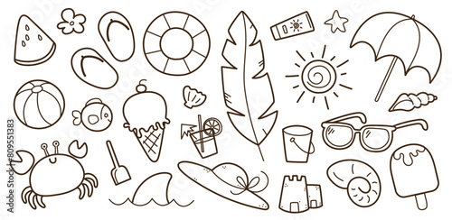 Set de lindas ilustraciones decorativas dibujadas a mano de temporada veraniega. Vector 