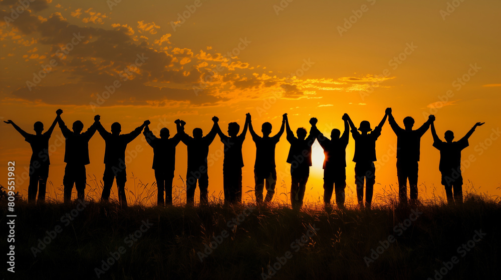 A group of people are holding hands in a field at sunset. Scene is one of unity and togetherness A group of people are holding hands in a field at sunset. Scene is one of unity and togetherness