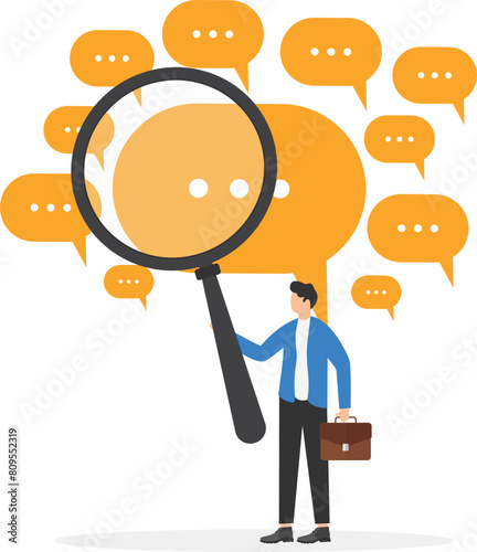 Man with huge magnifier in hands finding answer, problem solving, search creative idea, vector illustration in flat style

