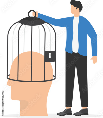Businessman take cage from man head free his mind to new ideas and knowledge, concept of brain free from imprisonment, creative thinking and unlock potential, vector illustration

