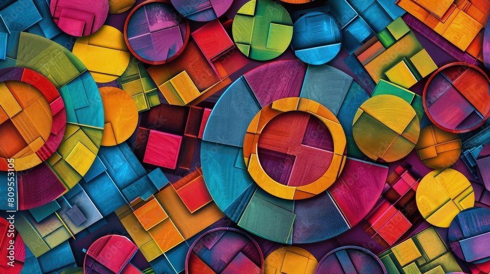Fototapeta premium Vibrant abstract background features a collection of colorful circular shapes and geometric tiles arranged in a dense pattern suitable for marketing projects.