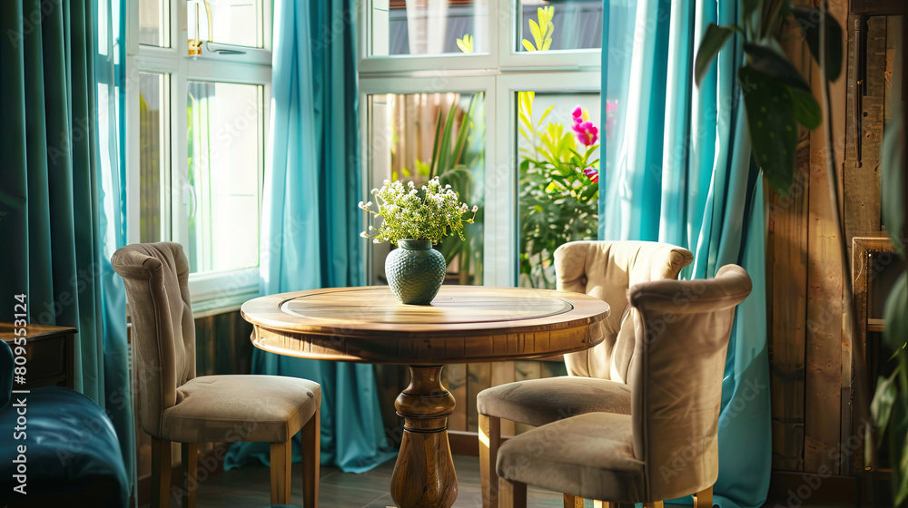 Cozy room with table and chairs by the window with turquoise curtains