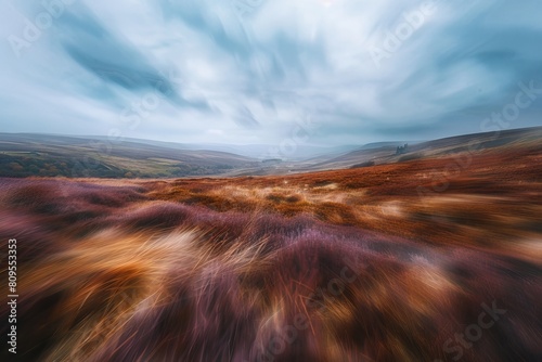Moorland or Moor, Wuthering Heights, Heather Fields and Hills, Castle on Mountains, Copy Space