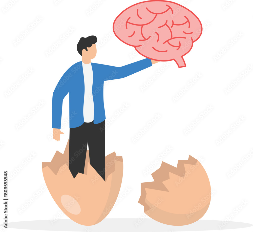 Businessman holding a brain and breaking out of a giant egg shell
Businessman holding a brain and breaking out of a giant egg shell