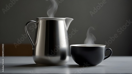 A sleek metallic jug pouring a stream of steaming hot coffee into a delicate porcelain cup 