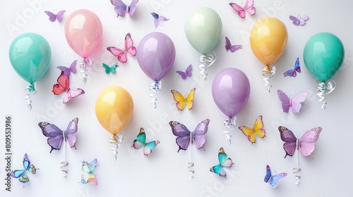 A adorable arrangement of pastel colored balloons and butterflies on white background beautiful festival background birthday background 