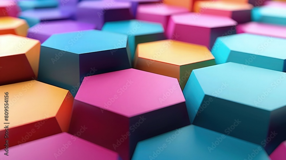 Fototapeta premium Multicolor hexagonal prisms arranged in a geometric honeycomb pattern create a vibrant textured background for modern graphic design and branding projects.