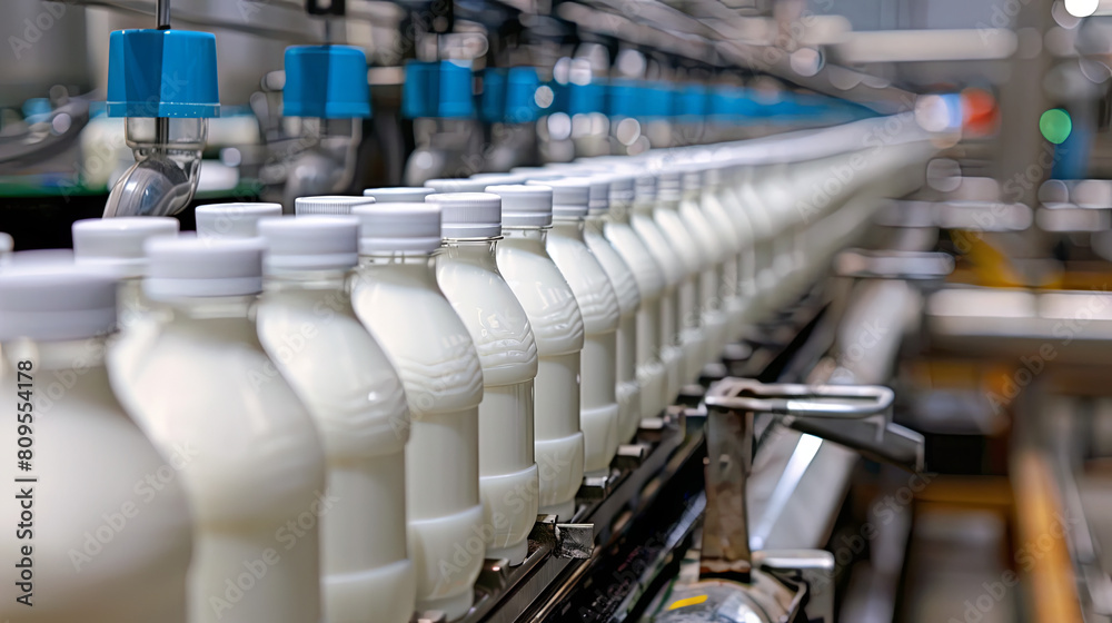 The factory engages in milk production and packages the milk into plastic bottles