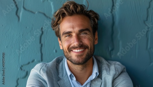 A businessman with a reassuring smile, embodying trustworthiness and consistency, against a serene blue background.