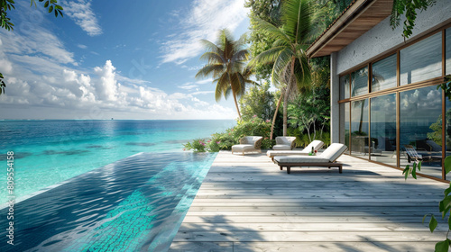 Beach lounge  sun loungers on Sunbathing deck and private swimming pool with panoramic sea view at luxury villa 3d rendering