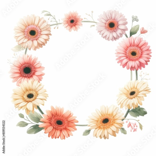 gerbera daisy themed frame or border for photos and text. watercolor illustration, Perfect for nursery art, simple clipart, single object, white color background.
 for invitation, wedding, printing.