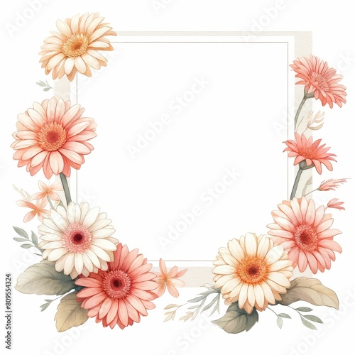 gerbera daisy themed frame or border for photos and text. watercolor illustration, Perfect for nursery art, simple clipart, single object, white color background. for invitation, wedding, printing.