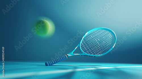 Tennis yellow ball, racket on the blue court. Sports banner. Healthy lifestyle concept.