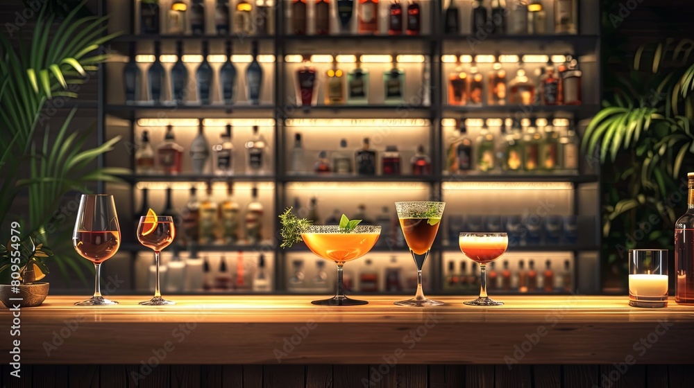 A bar counter filled with numerous bottles of alcohol and various glasses, ideal for bars, parties, and events. Generative AI