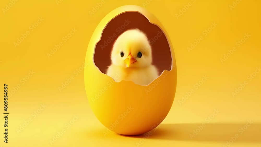 A small chicken in an eggshell on a yellow background A small chicken in an eggshell on a yellow background