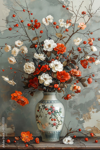 Flowers and vase, retro old wall, illustration for as a background.