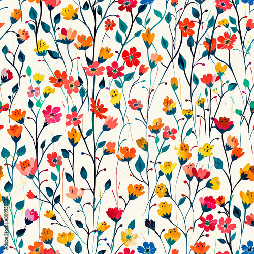 Seamless pattern of vibrant flower, branches and leaves, on white background.