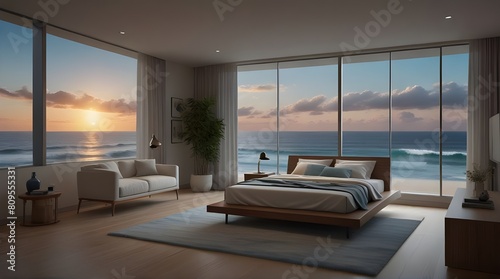 Bed with linens and a pillow  side view  dark bedroom decor  carpet on gray concrete floor. expansive view of the countryside mockup of a gray  bare wall.generative.ai 