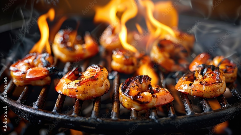 A detailed view of a grill with succulent shrimp cooking on it, surrounded by flames A detailed view of a grill with succulent shrimp cooking on it, surrounded by flames
