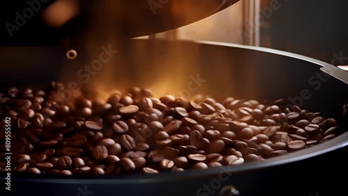 Coffee beans are roasted in a roaster photo
