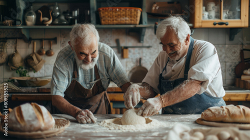 Two elderly men prepare bread in a traditional bakery. 