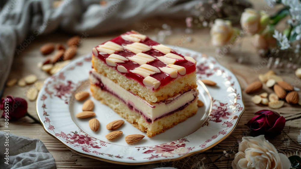 Battenberg cake is neatly arranged on a white plate with an elegant motif. The cake has a distinctive checkered motif, Ai generated Images Battenberg cake is neatly arranged on a white plate with an elegant motif. The cake has a distinctive checkered motif, Ai generated Images