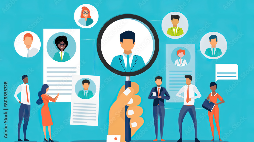 illustration of people searching for new staff, with magnifying glass on one team member. Job application profile letters in the background. illustration of people searching for new staff, with magnifying glass on one team member. Job application profile letters in the background.
