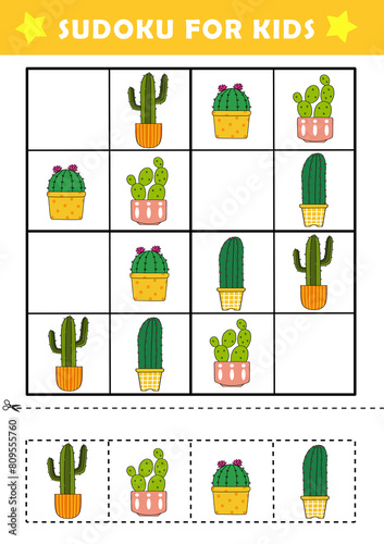 Sudoku logical reasoning activity for kids. Fun sudoku puzzle with cute cactus illustration. Children educational activity worksheet. photo