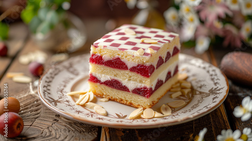 Battenberg cake is neatly arranged on a white plate with an elegant motif. The cake has a distinctive checkered motif, Ai generated Images