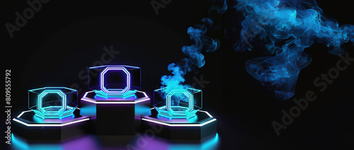 3d rendering illustration modern futuristic podium stage platform with neon lighting and black background for premium produt business technology.ai generated photo