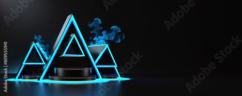 3d rendering illustration modern futuristic podium stage platform with neon lighting and black background for premium produt business technology.ai generated photo