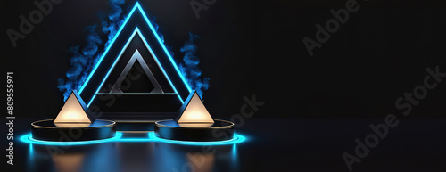 3d rendering illustration modern futuristic podium stage platform with neon lighting and black background for premium produt business technology.ai generated photo