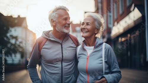 cheerful beautiful couple of Caucasian pioneers in sportswear on a walk or playing sports against the backdrop of a city landscape © Photolife  