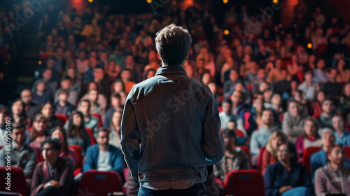 A close-up of the back of a male speaker standing on an illuminated stage in a dark indoor auditorium where a large audience sits together. Generative AI