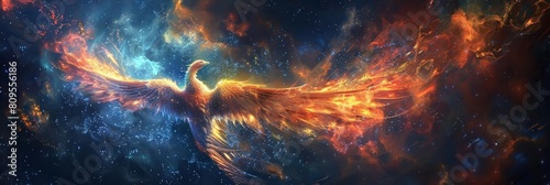 a majestic bird soars through the vastness of space, surrounded by a vast array of stars and a distant galaxy photo