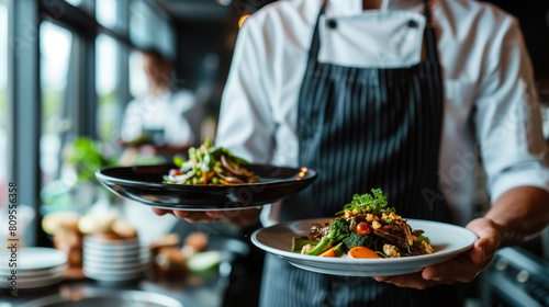 Close-up of two plates of food placed on both hands of the chef in the hotel kitchen.