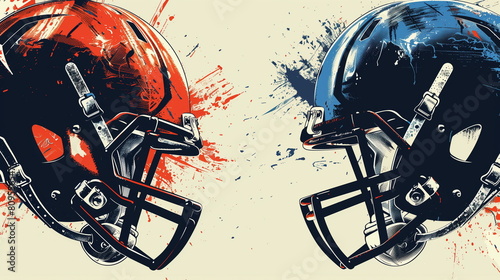 an aggressive sports graphic of two football helmets facing off for a match, red, blue, illustration - Generative AI photo