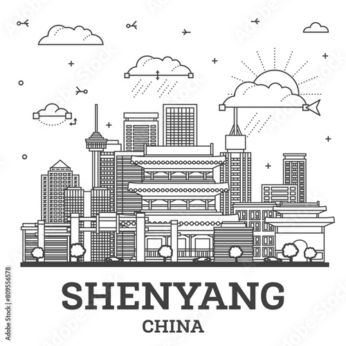Outline Shenyang China City Skyline with Modern and Historic Buildings Isolated on White. Shenyang Cityscape with Landmarks.