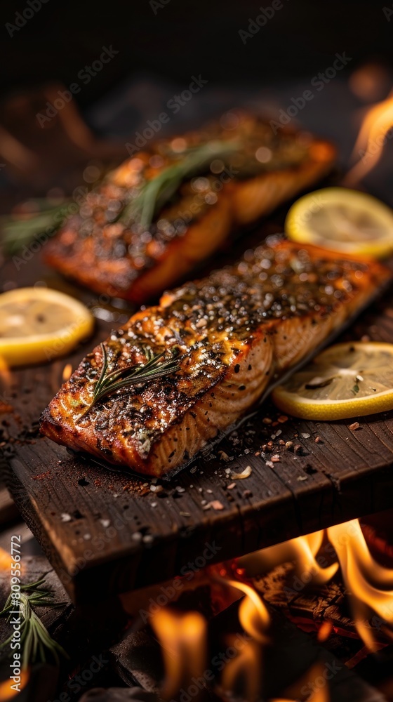 Close-up of grilled salmon fillets with fresh lemons and rosemary on a wooden board