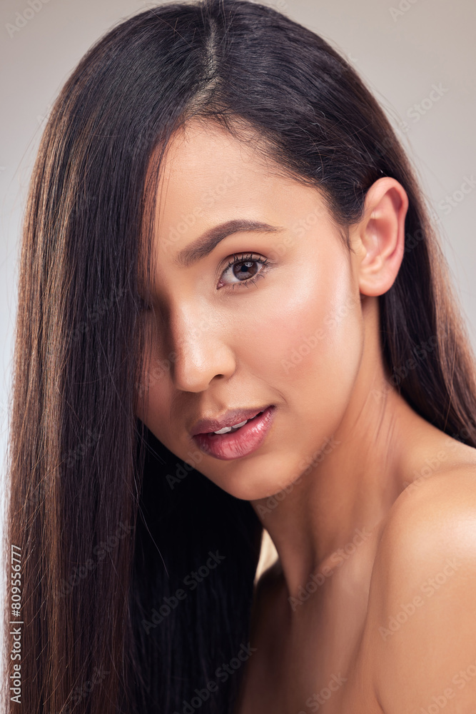 Results, portrait and haircare for woman in studio, healthy and aesthetic of hair, texture and confidence. Relax, salon treatment and growth for girl, hairstyle and proud and routine in Egypt Results, portrait and haircare for woman in studio, healthy and aesthetic of hair, texture and confidence. Relax, salon treatment and growth for girl, hairstyle and proud and routine in Egypt
