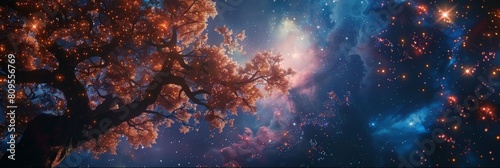 a brown tree stands tall amidst a vast galaxy filled with stars