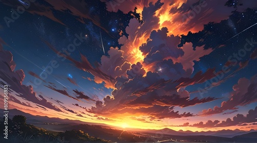 Anime fantasy wallpaper background concept : A visualization ultra wide angle of mystical sunset scene showing full of clouds starry night, an epic moment of quiet contemplation, generative ai