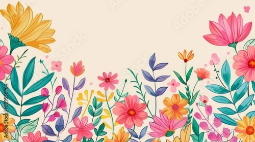 Boho  Doodle  Floral And Flower Colorful Border Background.