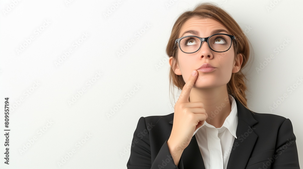 Businesswoman is pointing up while looking like she got an great idea isolated on White background. left copy space - Generative AI Businesswoman is pointing up while looking like she got an great idea isolated on White background. left copy space - Generative AI