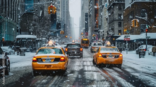 Yellow taxis moving under heavy snow