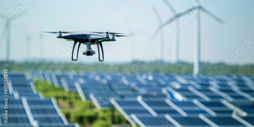 A drone is flying over a field of solar panels. The drone is black and white and is flying low to the ground. The solar panels are arranged in rows and are all facing the same direction photo