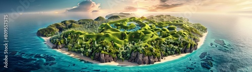 Organometallic compounds depicted in an economic context on a lush island photo