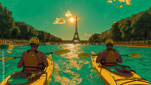 Two people are paddling a kayak in front of the Eiffel Tower