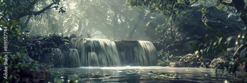 a serene waterfall surrounded by lush green trees in a forest photo